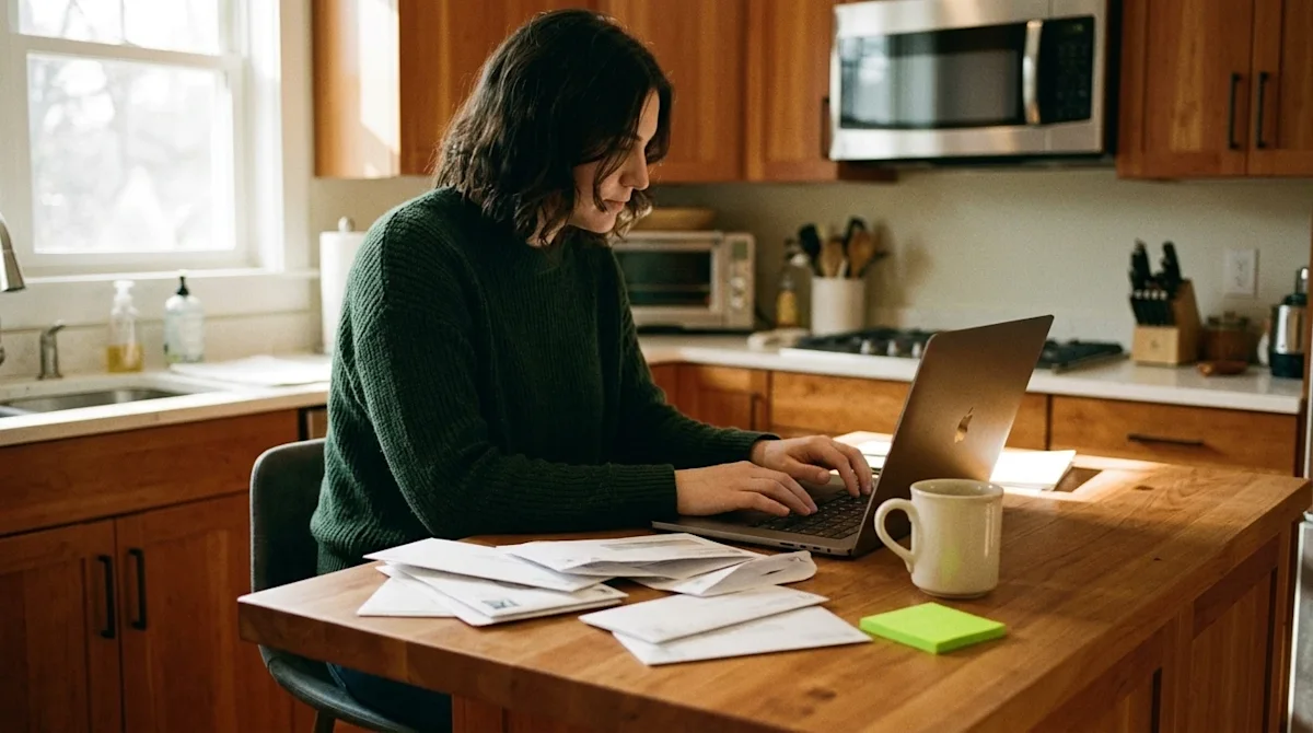 Candid lifestyle photography, shot on 35mm film with a warm, slightly nostalgic vintage aesthetic. A person sits at a warm wo
