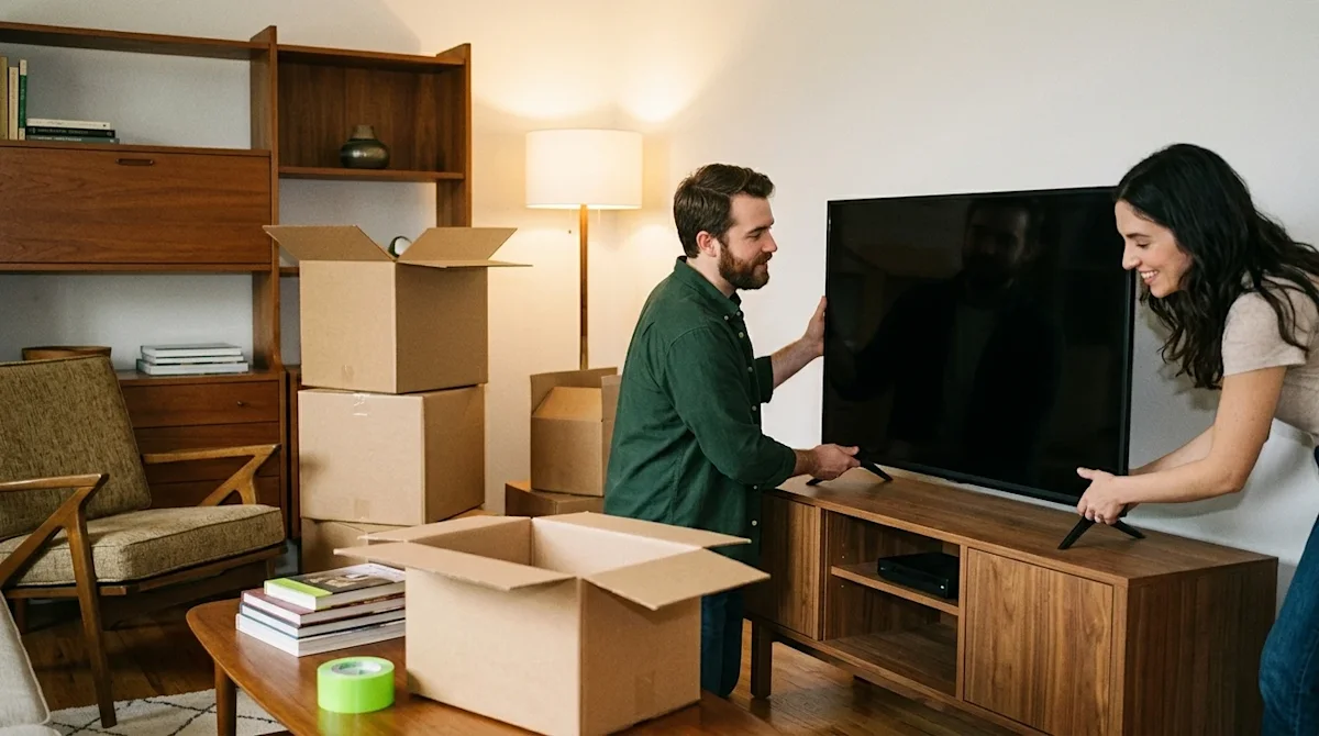 A photorealistic, candid lifestyle photograph shot on 35mm film of a bright, welcoming living room during the unpacking proce