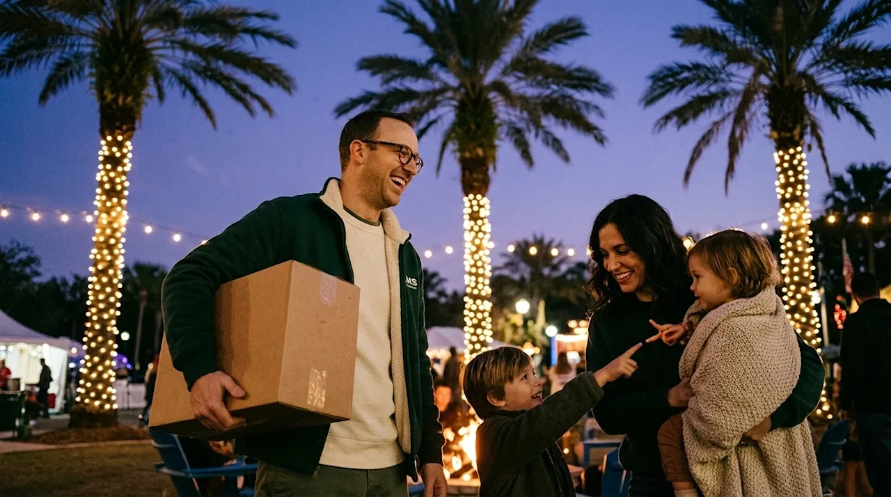 Candid documentary-style photograph of a happy family enjoying a festive outdoor Christmas event in Jacksonville, Florida. Th