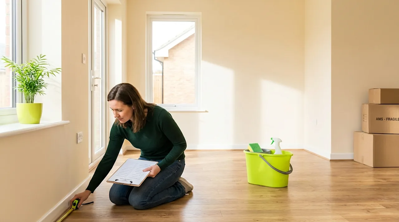 Woman measuring empty living room with checklist and cleaning supplies during pre-move inspection.