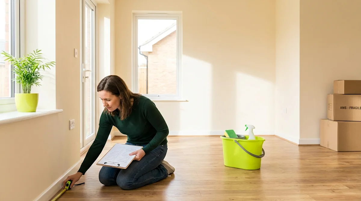 Woman measuring empty living room with checklist and cleaning supplies during pre-move inspection.