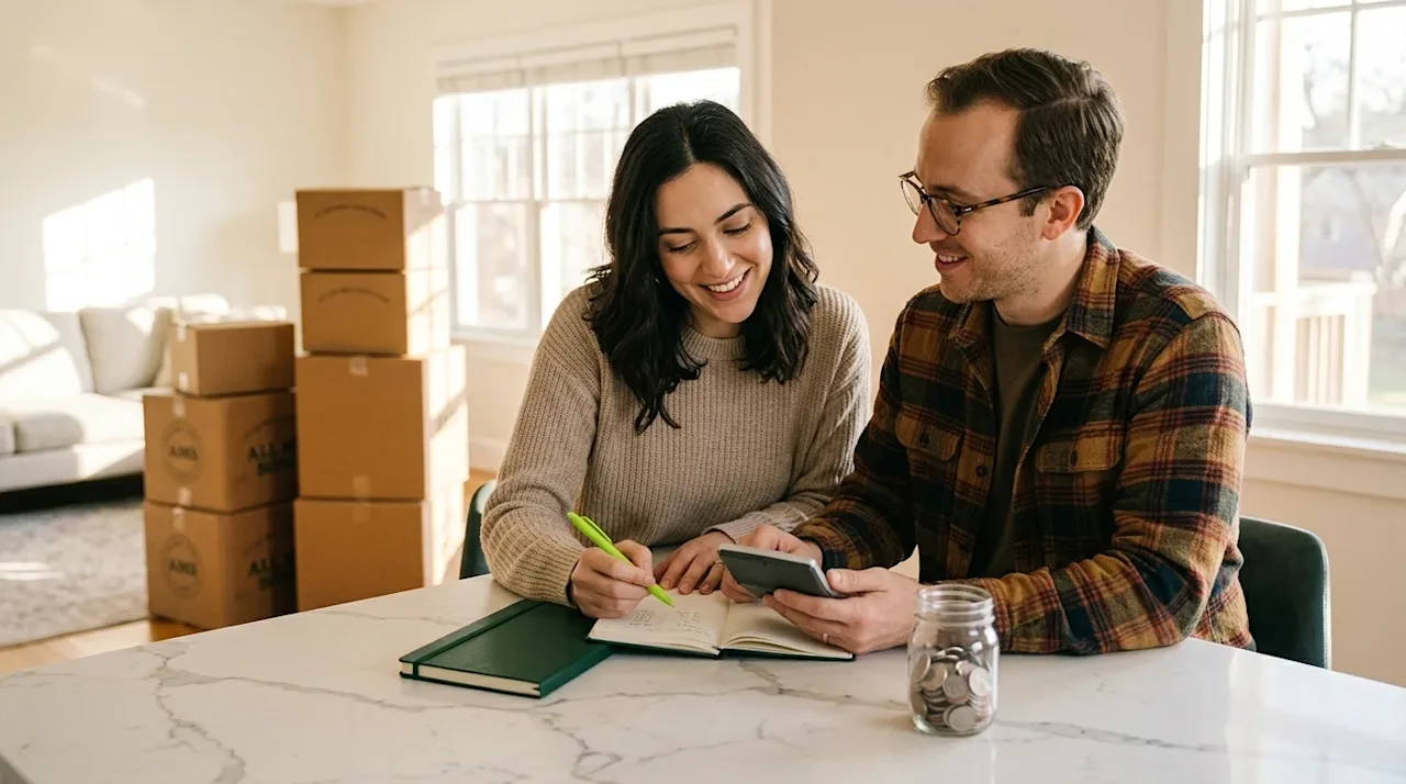High-quality editorial lifestyle photography for a moving company blog header. A warm, inviting scene of a young couple sitti