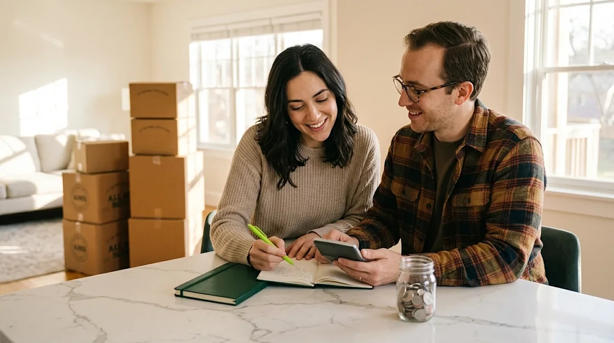 High-quality editorial lifestyle photography for a moving company blog header. A warm, inviting scene of a young couple sitti