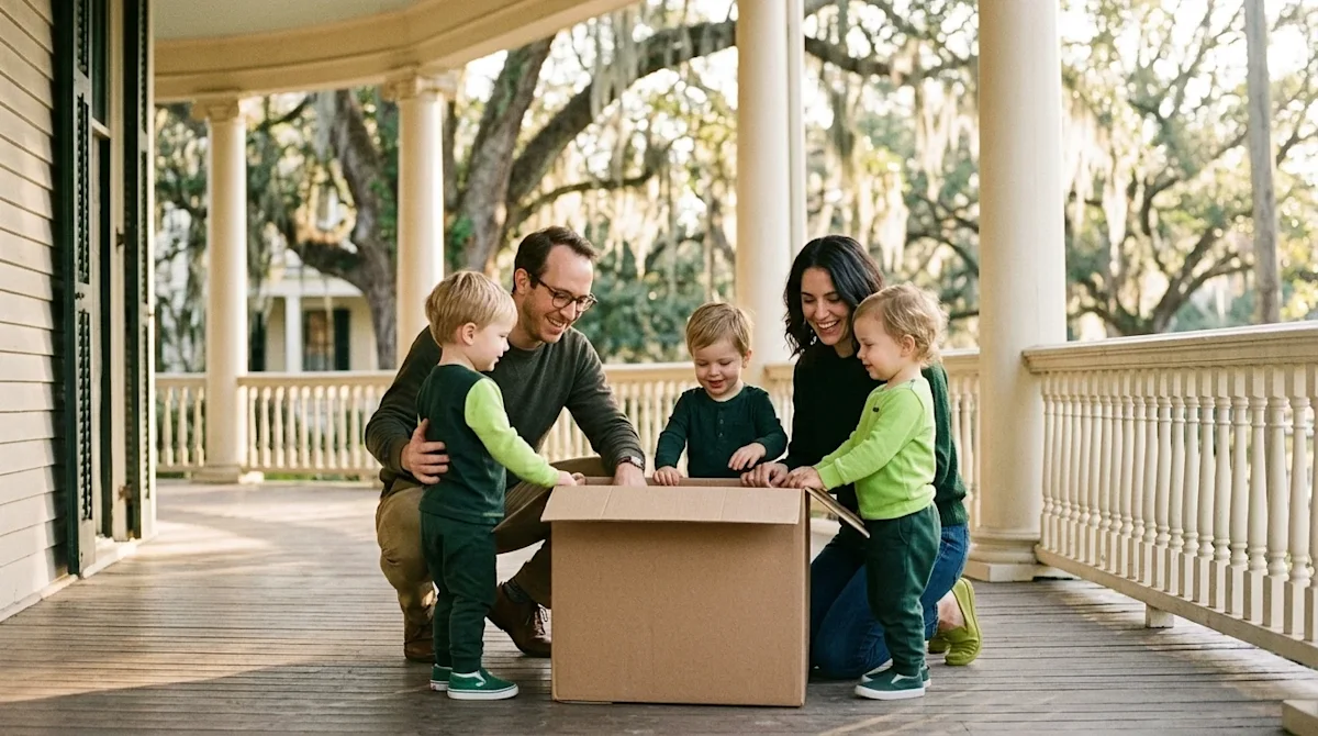 Authentic lifestyle photography shot on 35mm film with warm, nostalgic tones and a slightly retro feel. A happy family relaxing on their front porch.