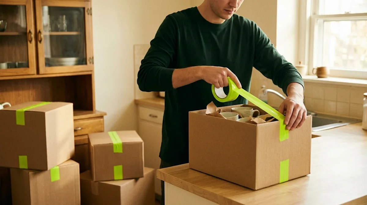 Candid, documentary-style lifestyle photography shot on 35mm film, showing a person demonstrating a clever moving hack in a w