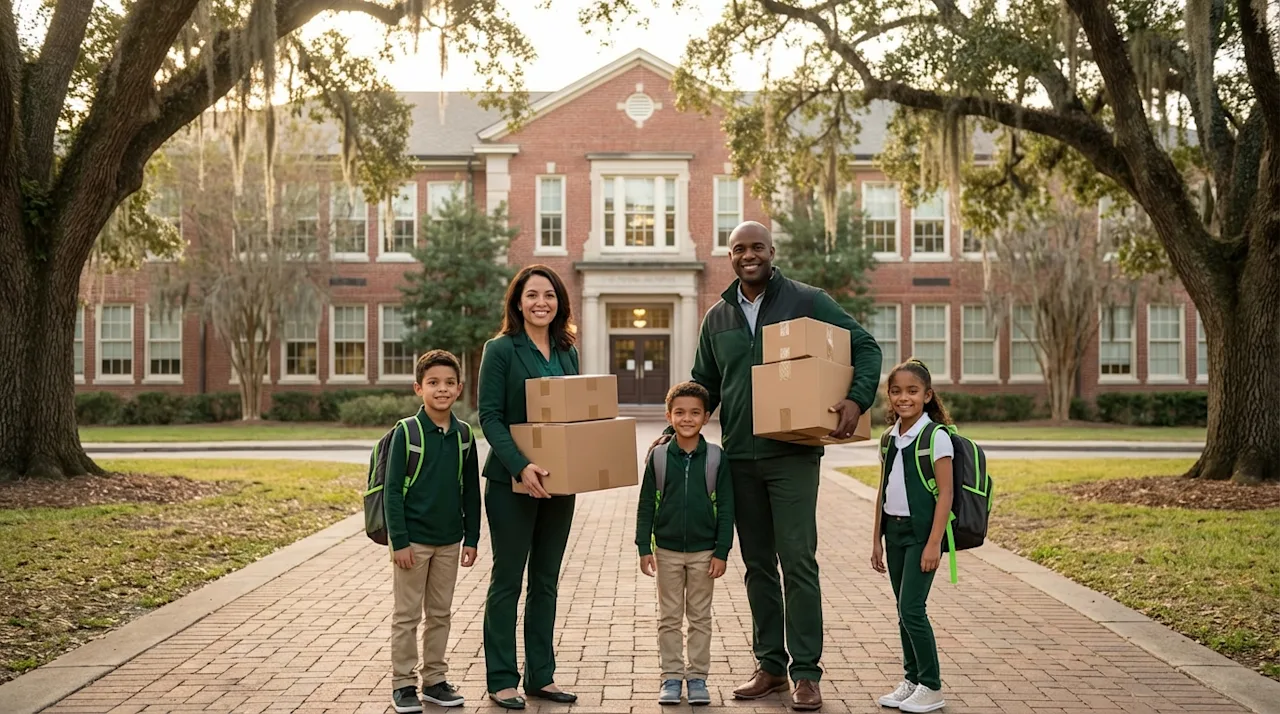 Happy family with moving boxes and backpacks standing in front of a brick school in Baton Rouge.