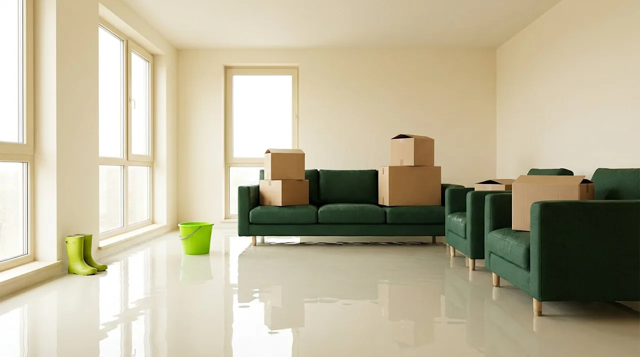 Flooded living room with moving boxes stacked on green furniture and reflective water covering the floor.