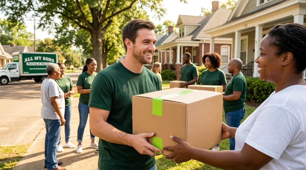 Clear and professional marketing photography of a friendly, community-focused volunteer event in a warm, sunny Memphis neighb