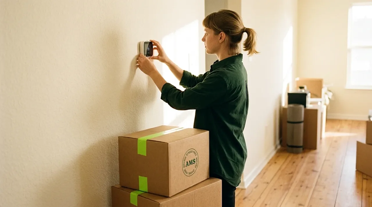 Candid lifestyle photography of a person adjusting a modern smart thermostat on a warm cream-colored wall in a bright, sunlit