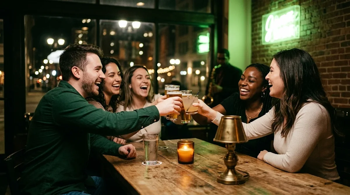 A lively, authentic, and candid photograph of a group of friends enjoying the vibrant nightlife in downtown Indianapolis. The