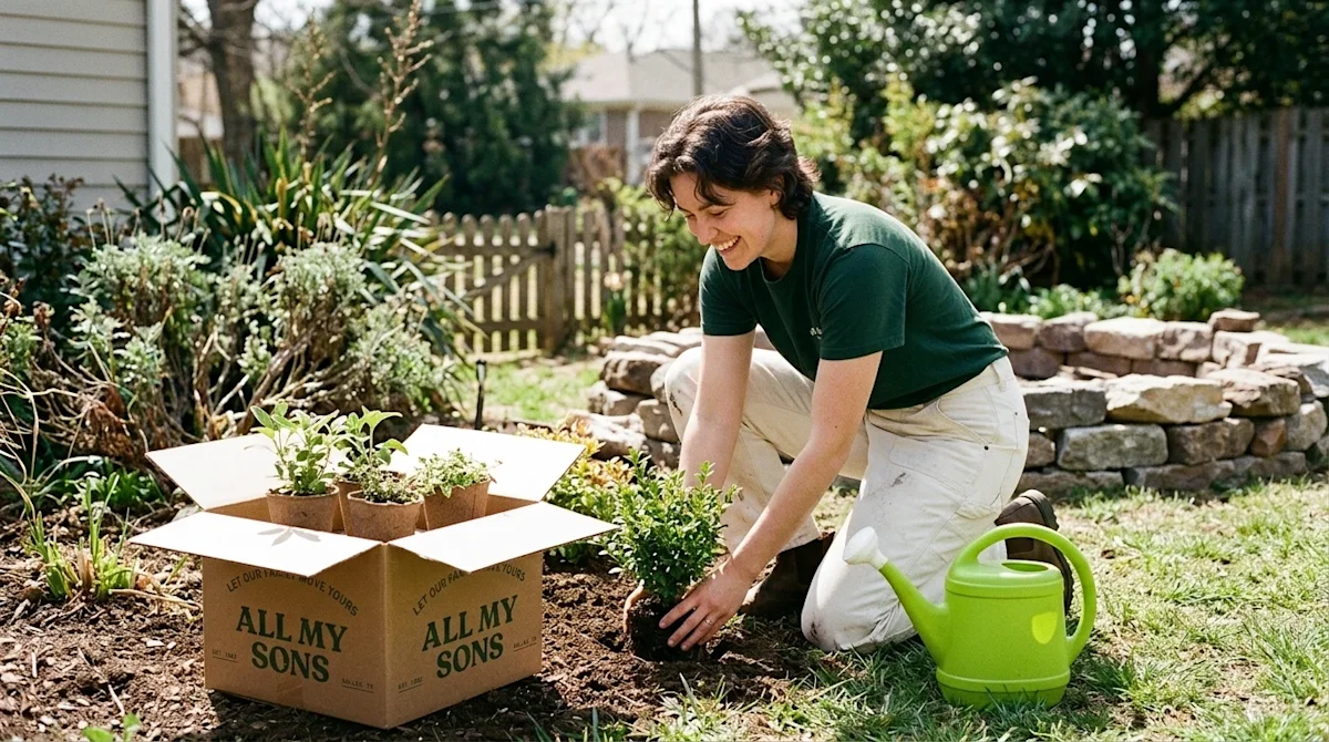 Candid, documentary-style lifestyle photography of a cheerful homeowner doing DIY landscaping on a budget in a sunny suburban