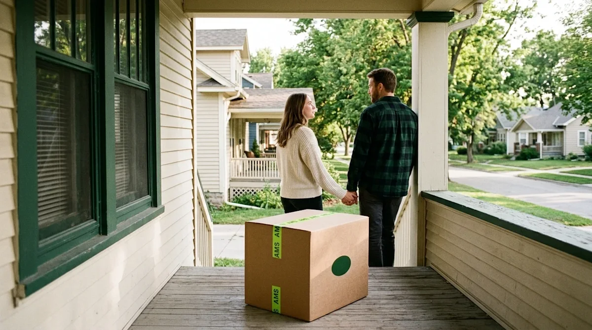 Candid lifestyle photography of a thoughtful couple standing on the front porch of a charming, classic Midwestern suburban ho