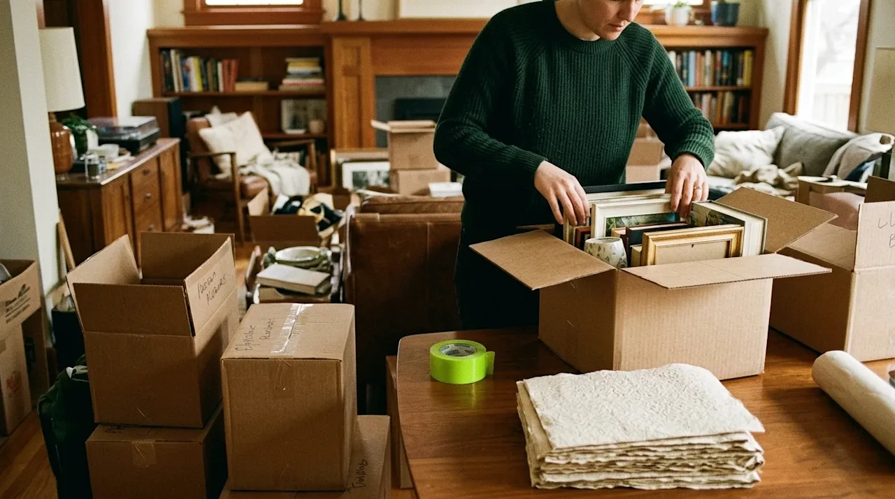 Candid 35mm film photography of a relatable last-minute moving and packing scene inside a warmly lit home. A person wearing a