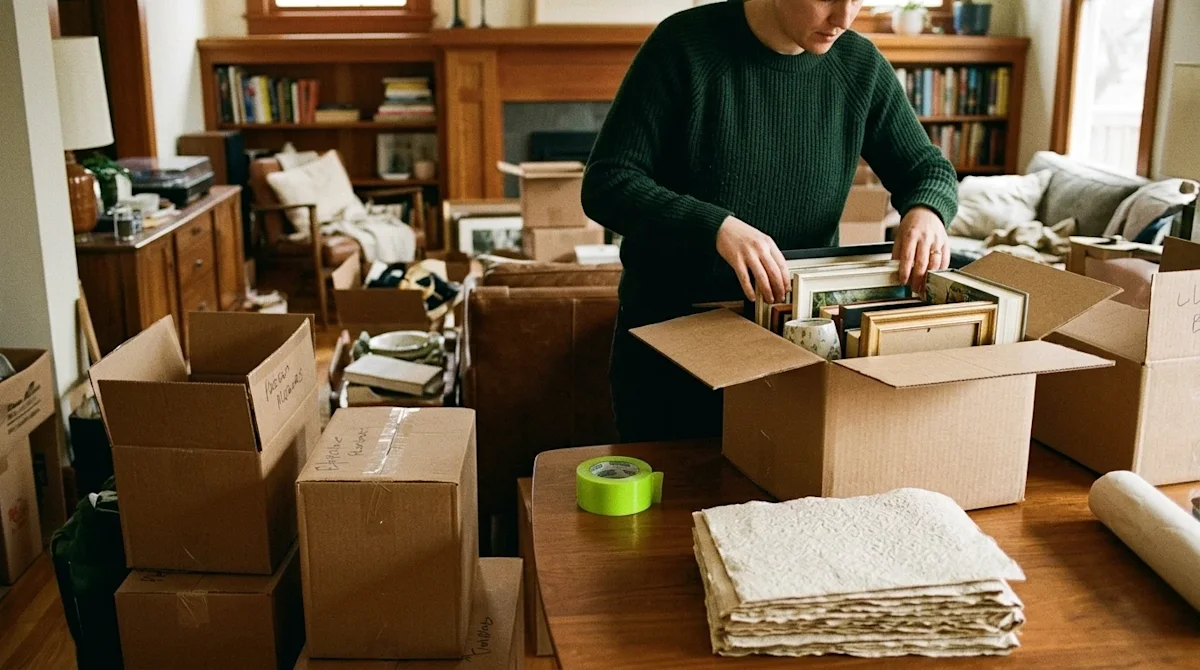 Candid 35mm film photography of a relatable last-minute moving and packing scene inside a warmly lit home. A person wearing a