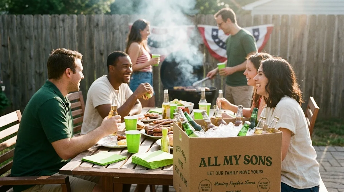 Candid lifestyle photography of a joyful Memorial Day backyard BBQ party, shot on 35mm film with a warm, nostalgic, and sligh