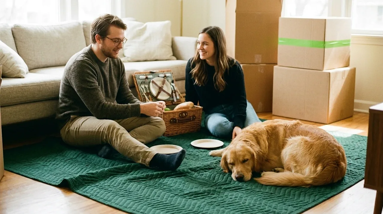 Candid lifestyle photography shot on 35mm film. A heartwarming, stress-free scene in a newly moved-in home living room. A you