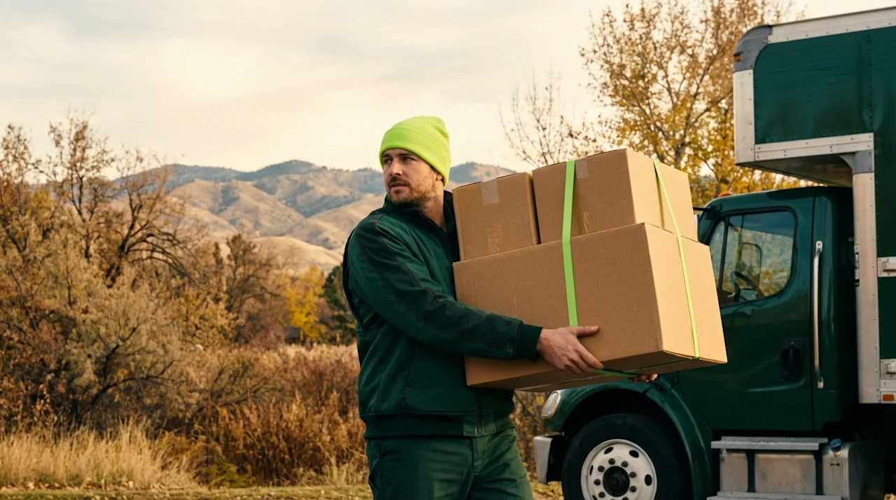 Professional mover carrying boxes in Boise, Idaho, with autumn foothills and a green moving truck in the background.