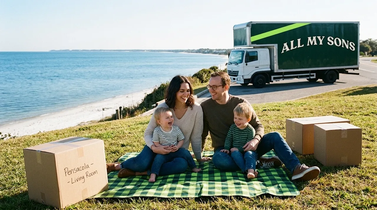 Candid 35mm film photography of a relaxed, happy family enjoying a sunny day by the calm blue waters and white sand of the Pe