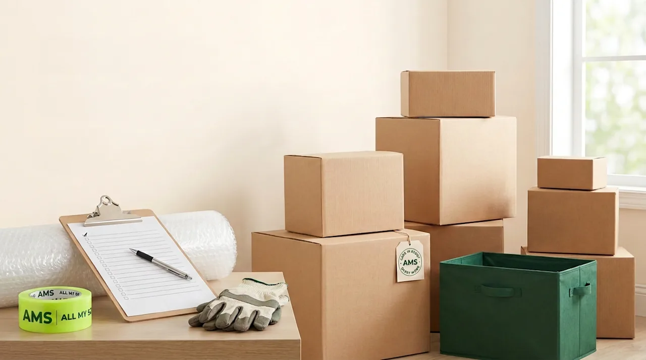 Organized moving boxes, packing list, and supplies featuring All My Sons branding for the Ultimate Moving Guide.