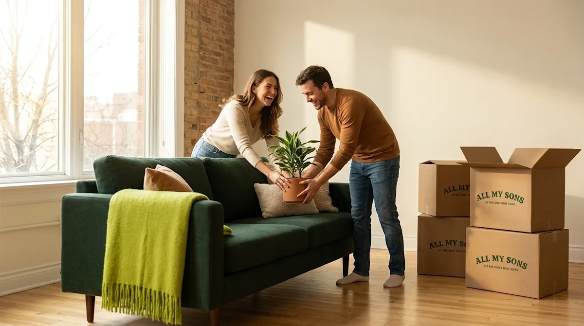 High-quality lifestyle photography of a young couple unpacking cardboard moving boxes and decorating a bright, airy rental ap