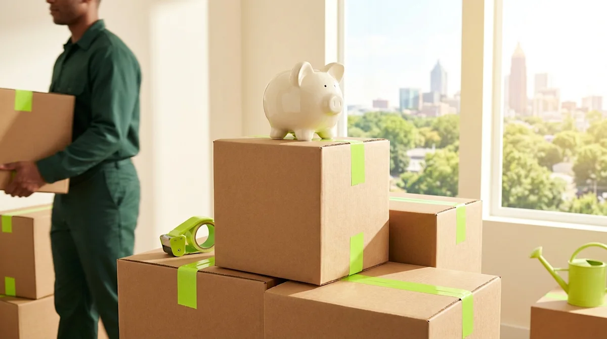 Ceramic piggy bank on moving boxes in Atlanta, symbolizing savings during a professional move.