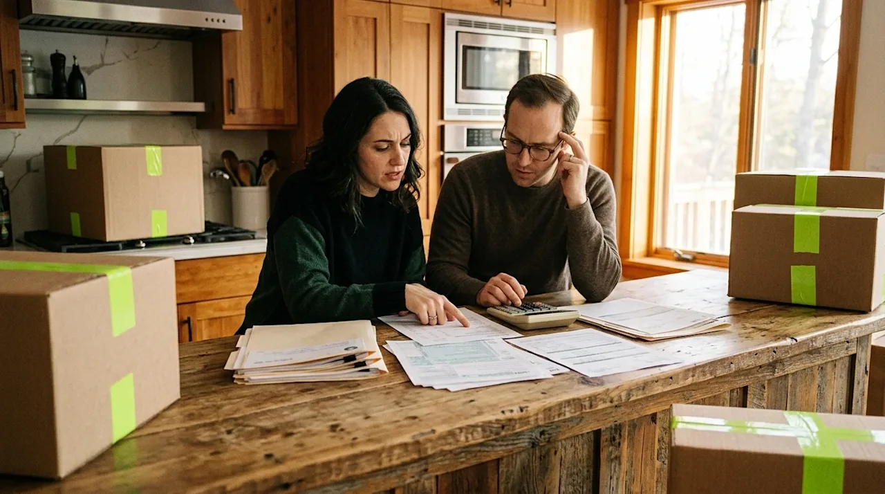 Candid, high-quality editorial lifestyle photography of a focused couple sitting at a rustic wooden kitchen island, carefully