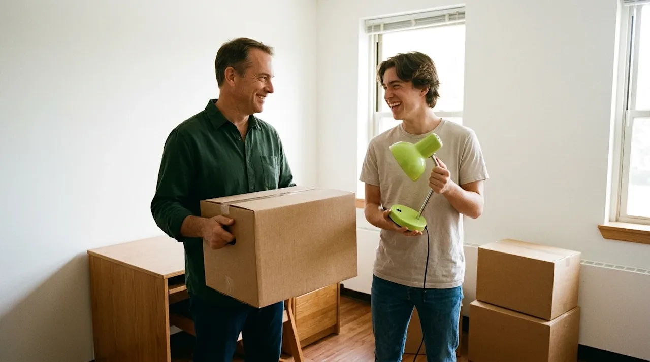A heartwarming, candid photograph of a young adult student and their parent happily unpacking on college move-in day. They ar