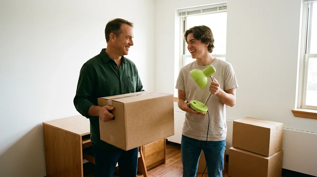 A heartwarming, candid photograph of a young adult student and their parent happily unpacking on college move-in day. They ar