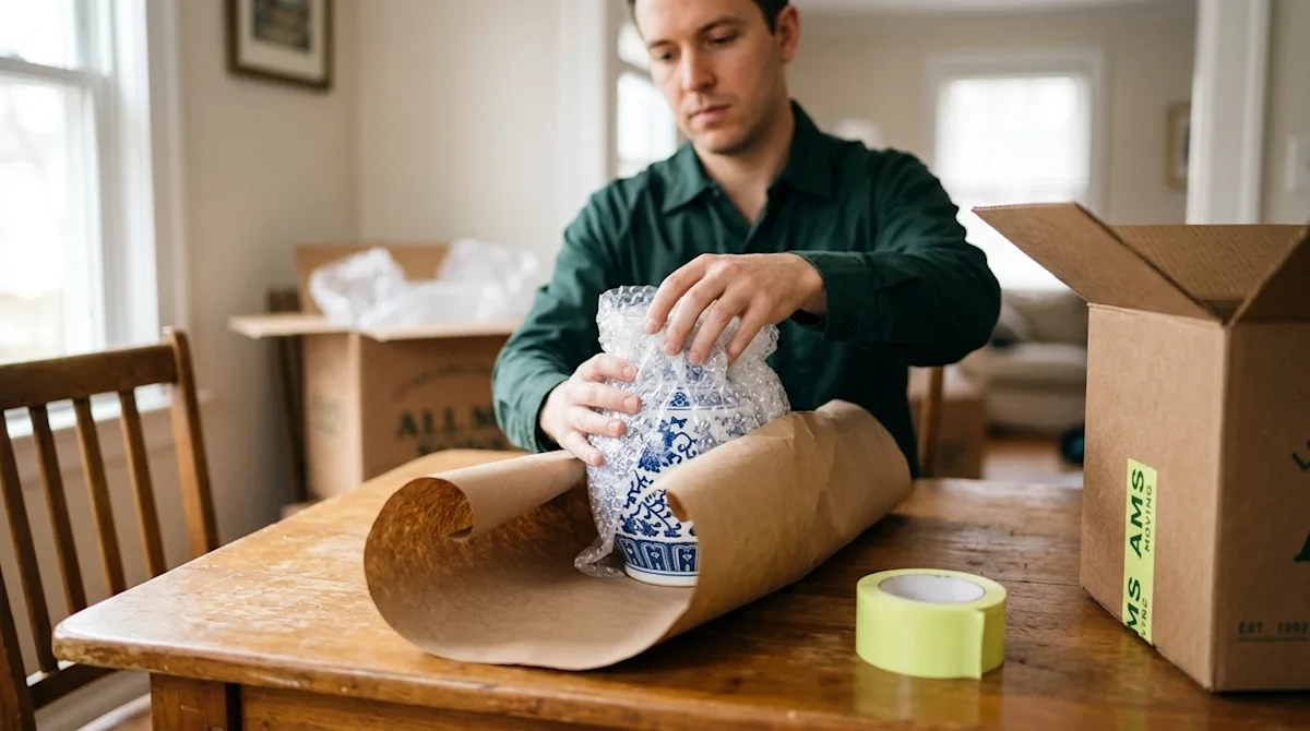 Clear, professional marketing photography of a focused professional mover carefully wrapping a delicate ceramic vase in thick