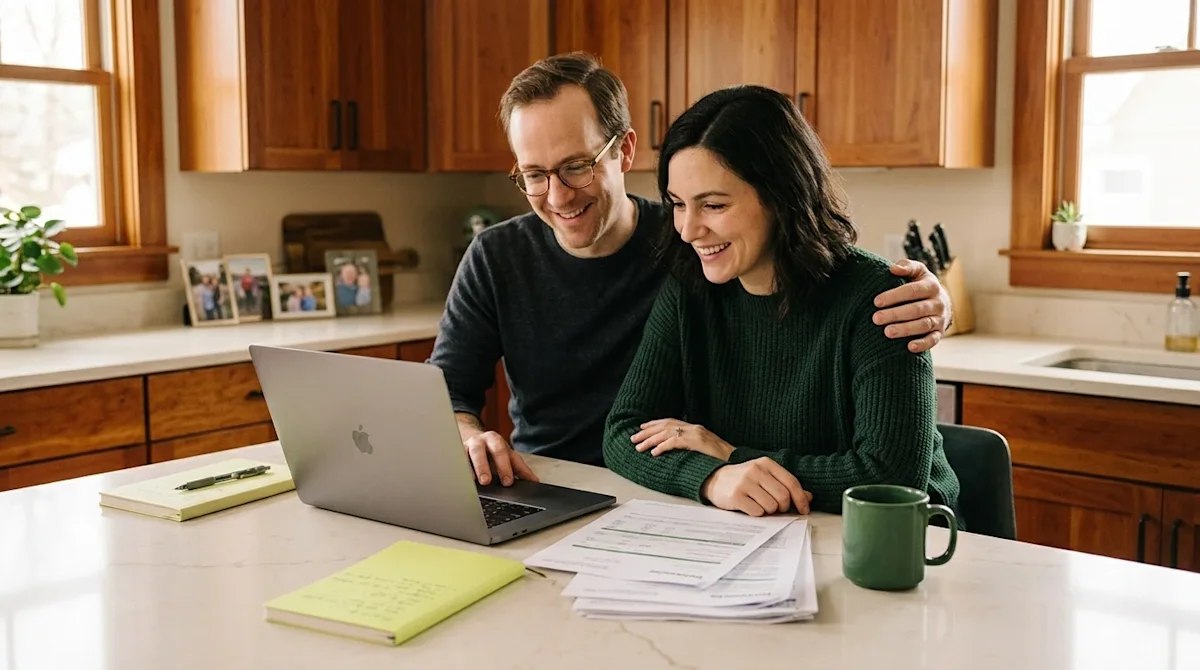 Professional candid lifestyle photography of a happy, relaxed couple sitting at a cream-colored kitchen island in a warm, inv