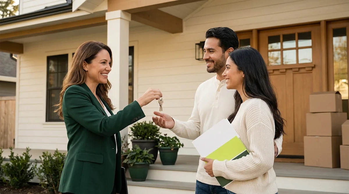 Realtor handing house keys to a smiling couple on their new home porch with moving boxes in the background.