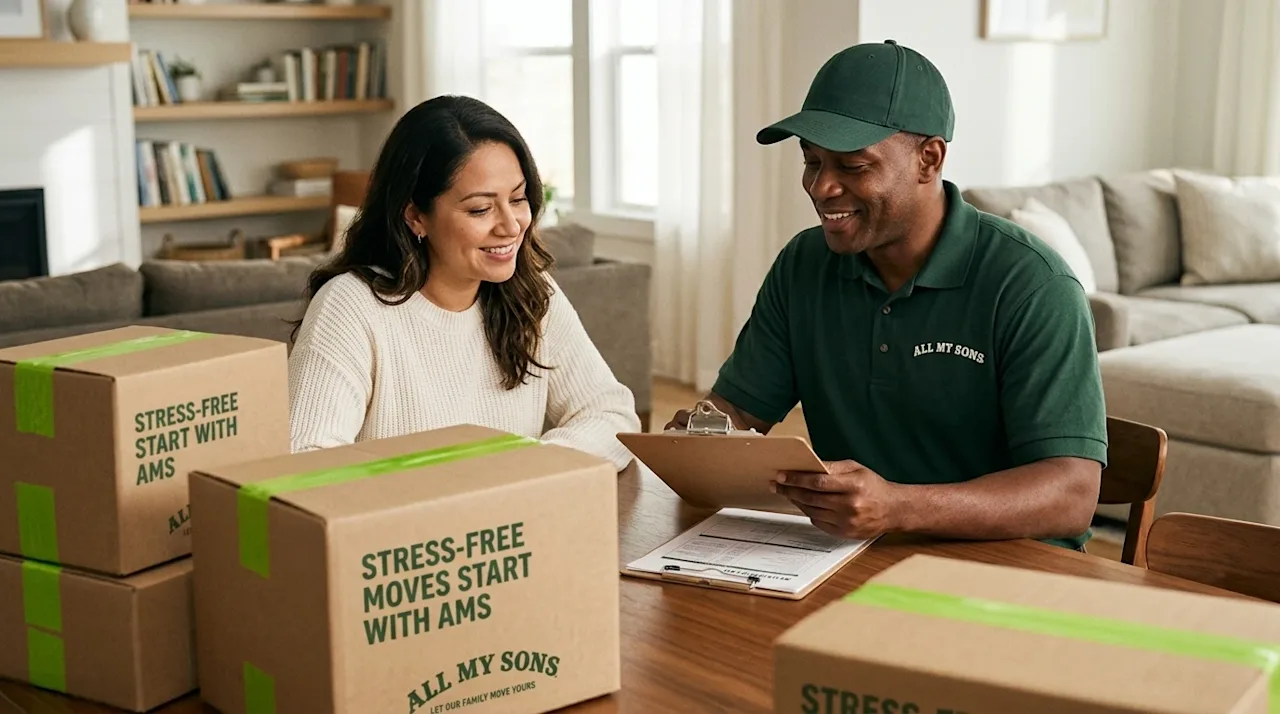 A high-quality, authentic lifestyle photograph representing the process of hiring a moving company. In a warmly lit, inviting