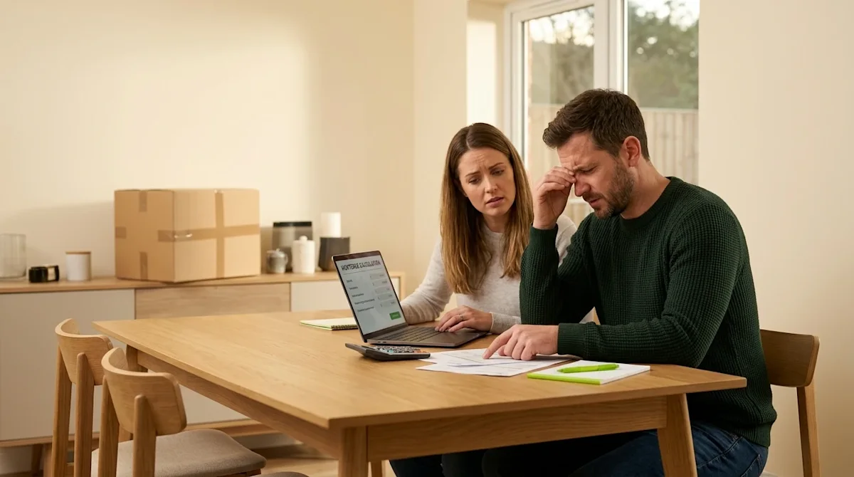 Clear, professional marketing photography of a concerned couple sitting at a modern dining table, reviewing financial documen