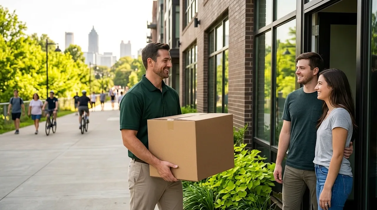A candid, high-quality lifestyle photograph of a friendly professional mover in a dark forest green uniform helping a happy c