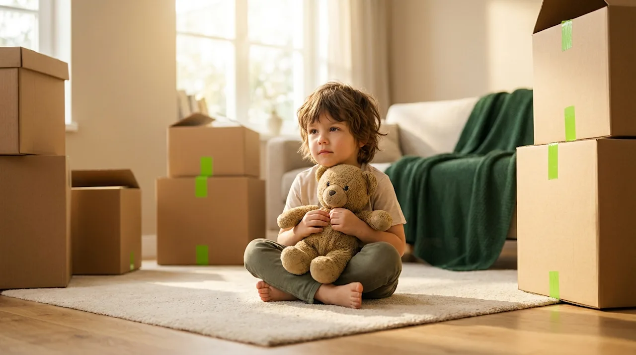 Young child sitting on the floor holding a teddy bear surrounded by cardboard moving boxes in a sunlit room.