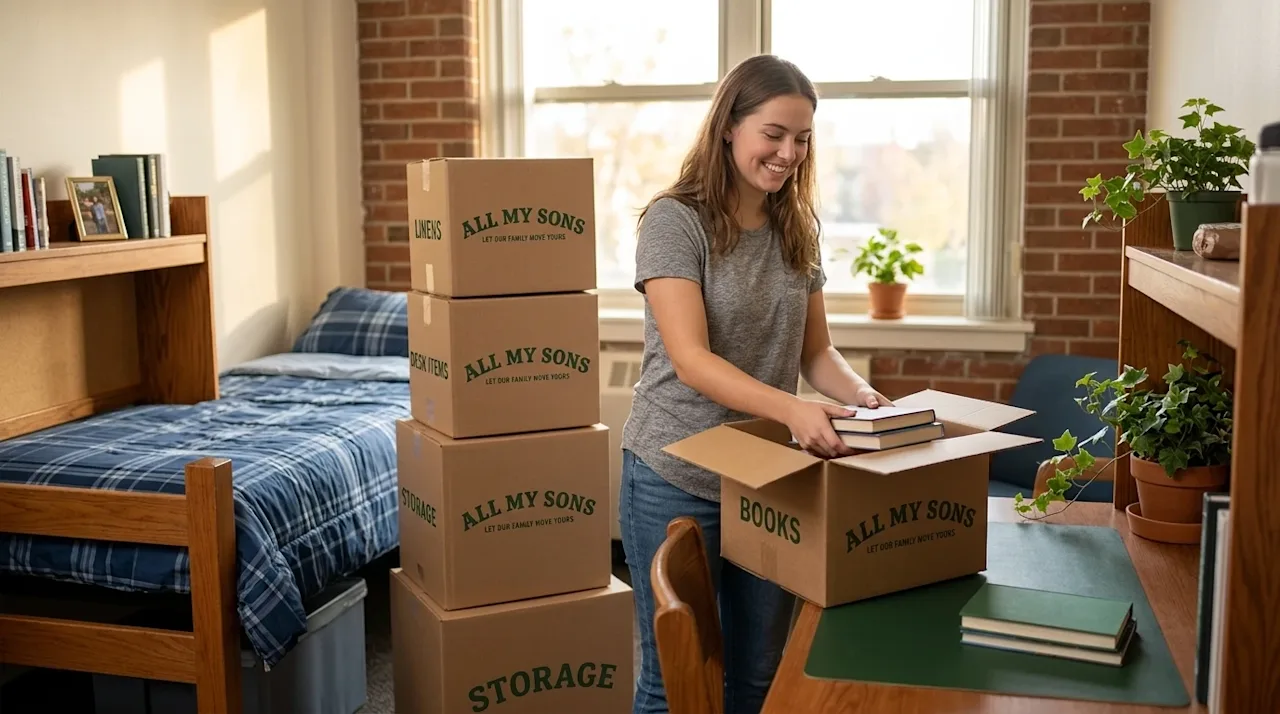 Professional editorial photography of a cheerful college student unpacking belongings into a bright, welcoming university dor