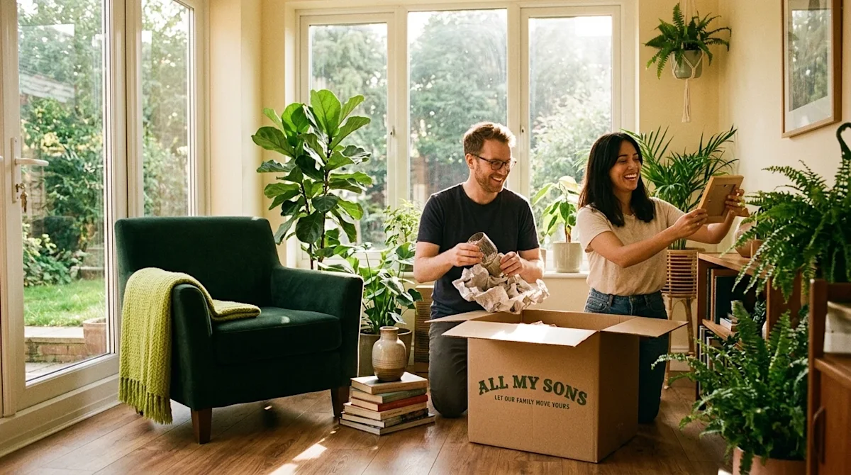 Warm candid lifestyle photography of a cheerful couple unpacking and decorating their new sunroom after a move. The room is f
