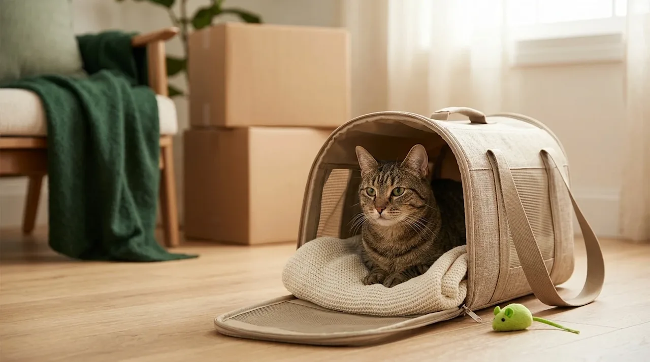 Clear, professional marketing photography of a relaxed, calm domestic cat sitting comfortably inside an inviting, open pet ca