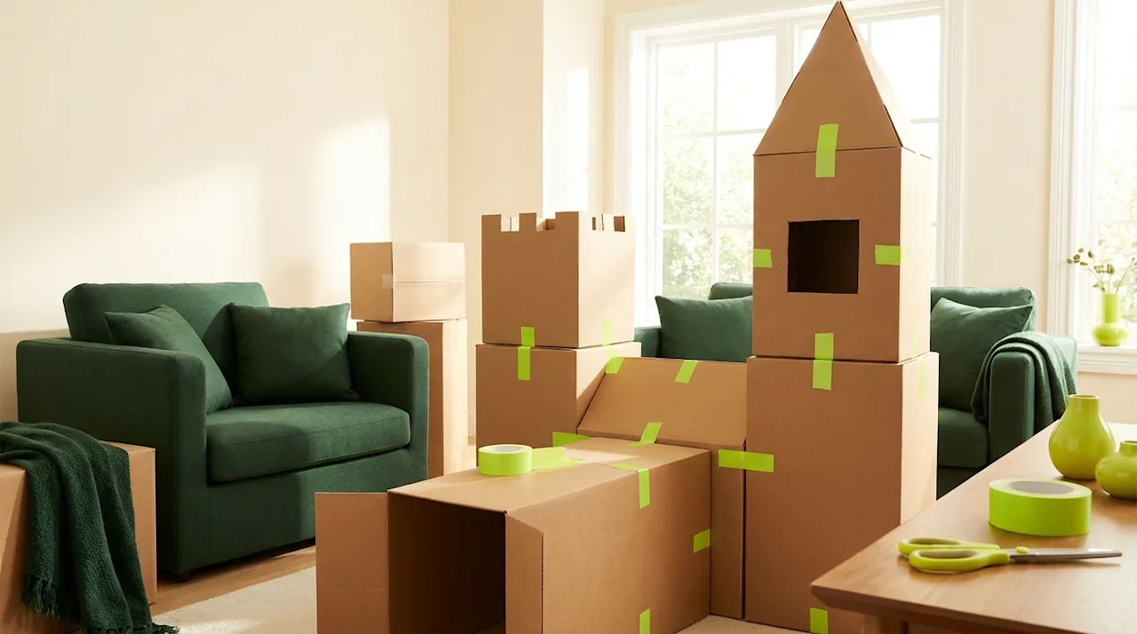Creative DIY cardboard box fort in a living room with green furniture and lime green tape highlights.