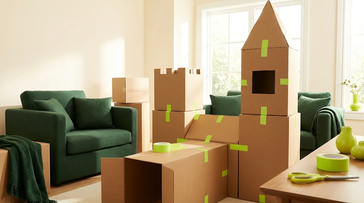 Creative DIY cardboard box fort in a living room with green furniture and lime green tape highlights.
