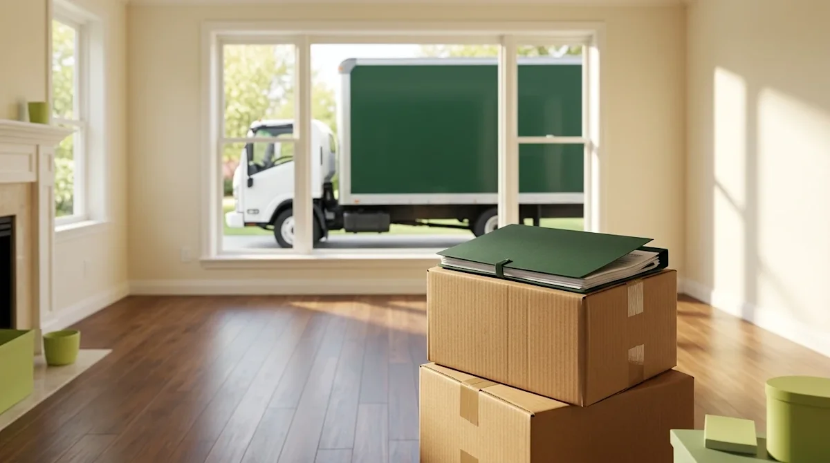 A clean, professional marketing photograph of an empty, sunlit living room with hardwood floors, conveying a sensitive, respe