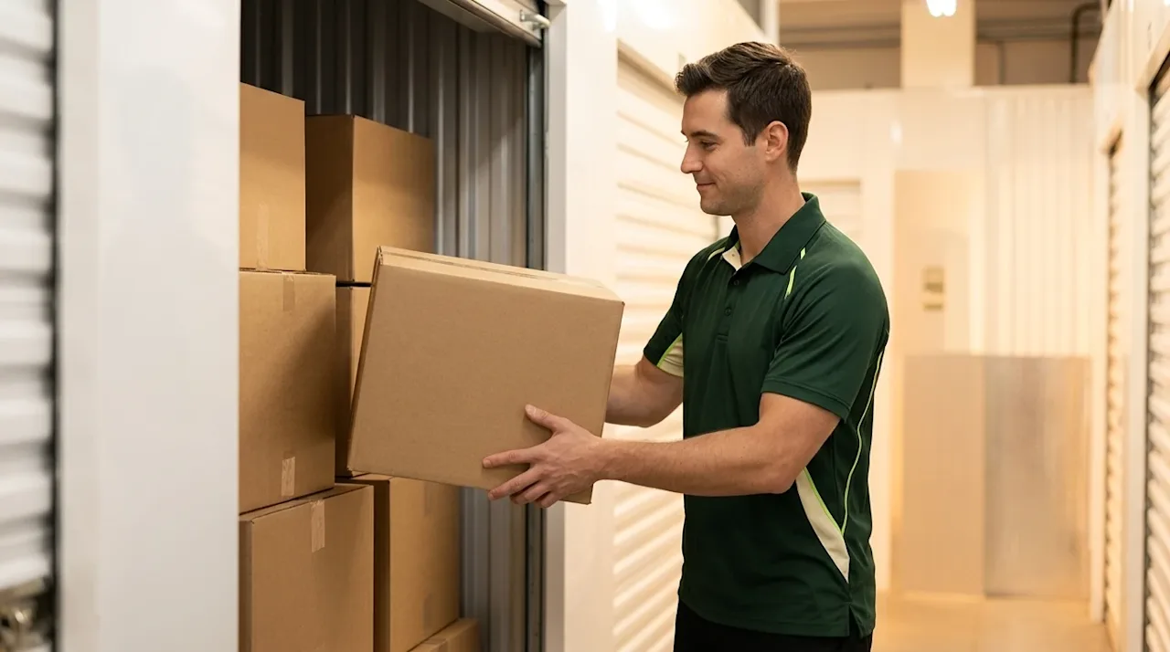 Wide-angle professional marketing photography of a pristine, brightly lit indoor storage facility. A friendly professional mo