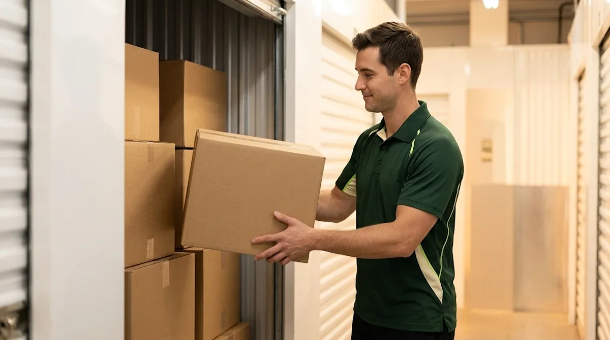 Wide-angle professional marketing photography of a pristine, brightly lit indoor storage facility. A friendly professional mo