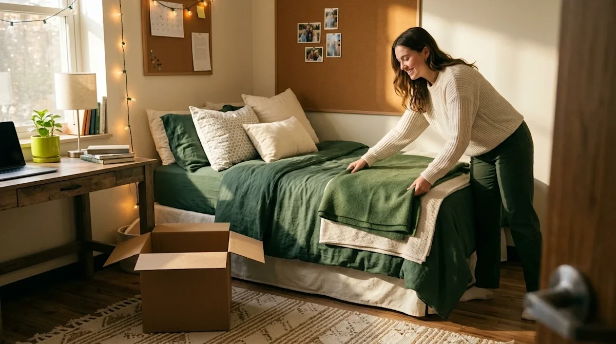 Editorial lifestyle photography of a cozy, fully decorated college dorm room that feels welcoming and lived-in. A young colle