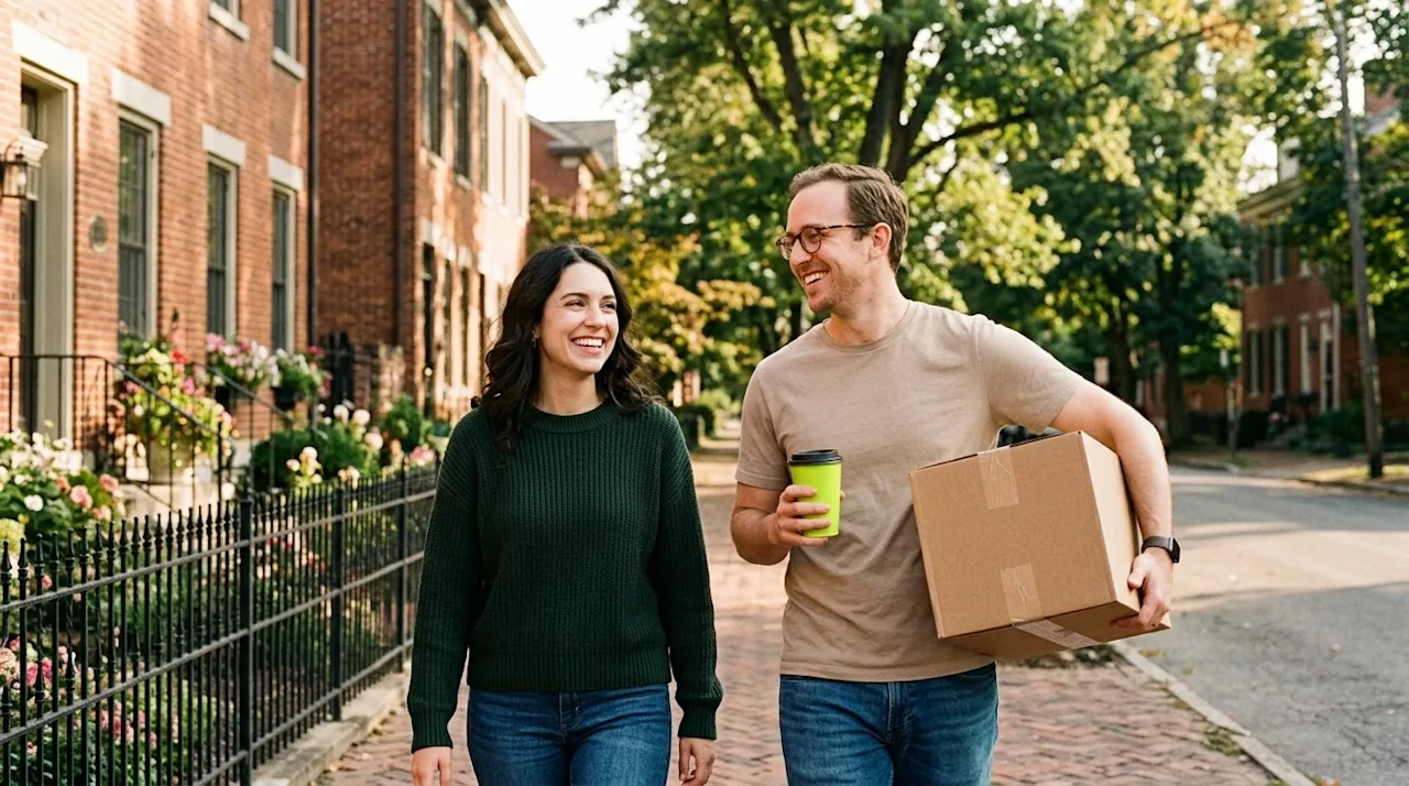 Candid lifestyle photography of a happy young couple walking down a charming, historic brick-lined street in German Village,