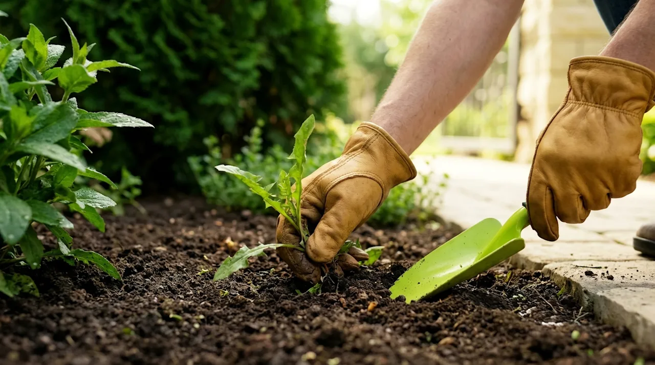 Homeowner in leather gloves weeding a garden bed with a lime green trowel.