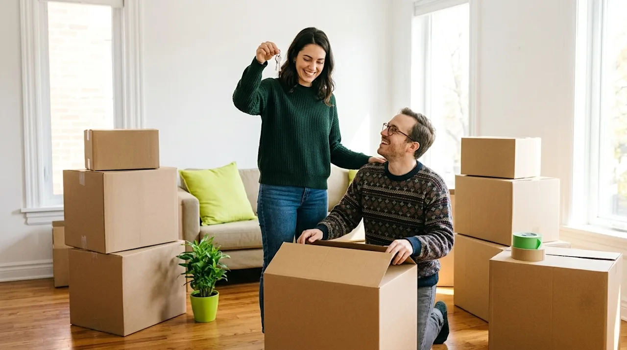 Candid lifestyle photography of a happy young couple unpacking in the bright living room of their newly rented apartment. The