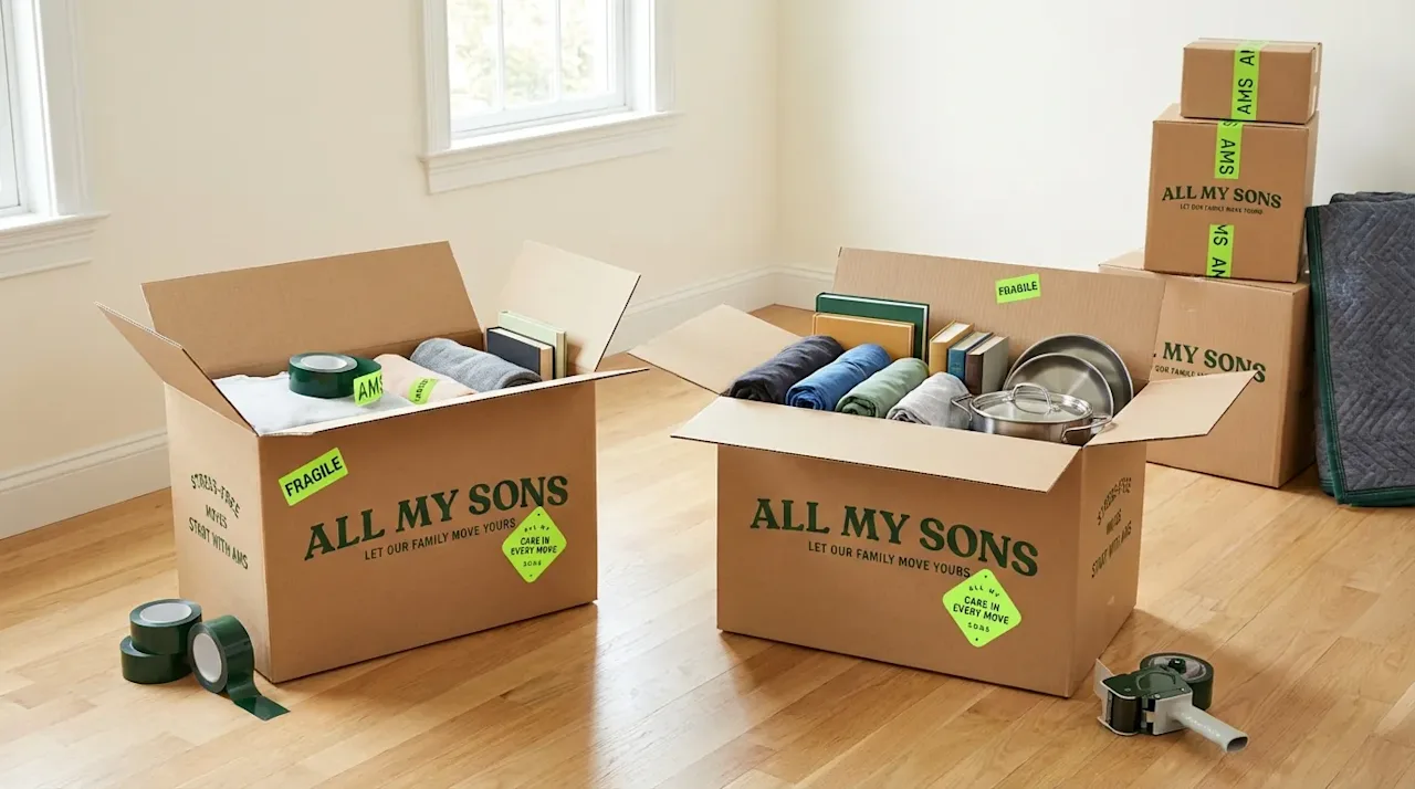 Organized All My Sons moving boxes with space-saving packing hacks and lime green labels on a hardwood floor.