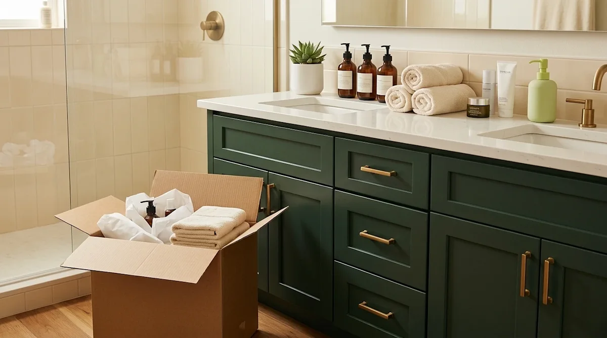 Professional marketing photography of a beautifully organized, modern bathroom, captured in a warm, authentic lifestyle aesth