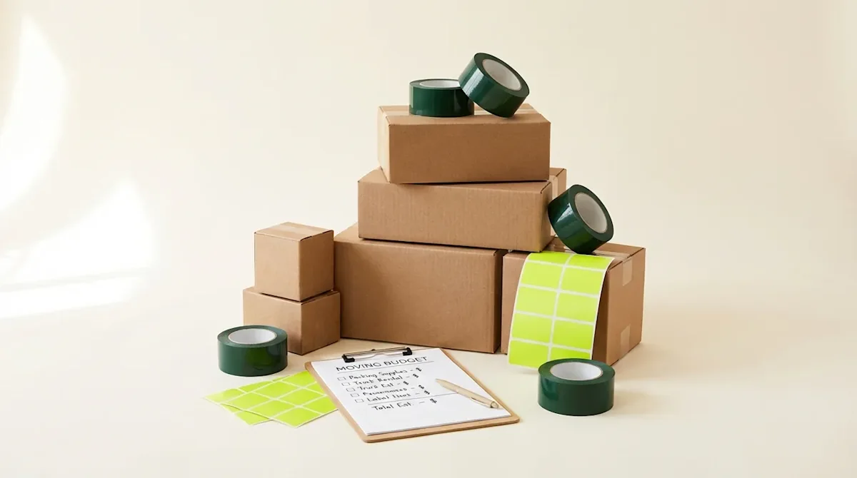Affordable packing supplies with cardboard boxes, green tape, lime labels, and a moving budget checklist clipboard.